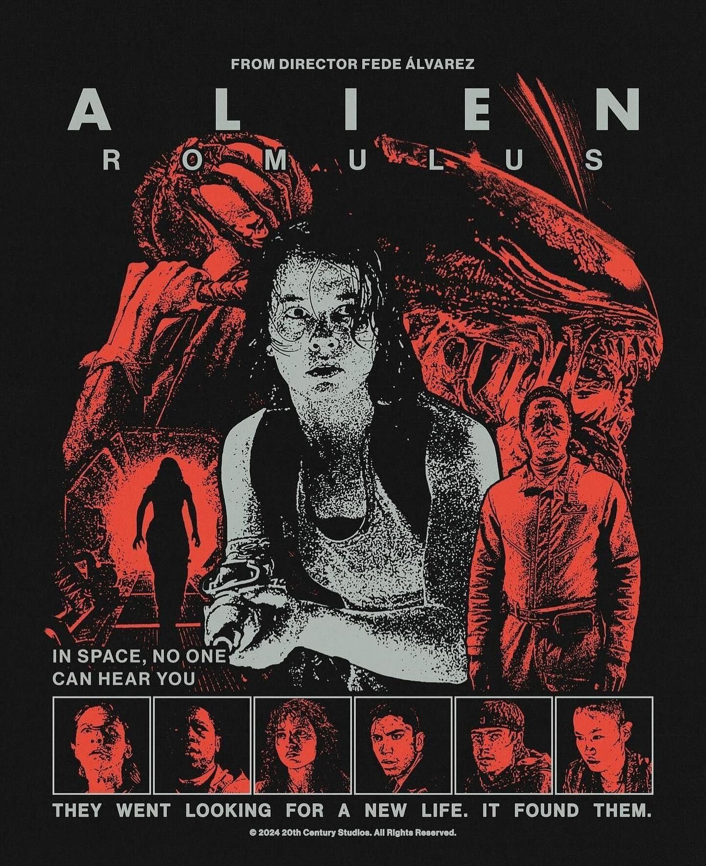 movie poster alternativo de Alien: Romulus en estilo de imagen granulada en colores negro, rojo y gris